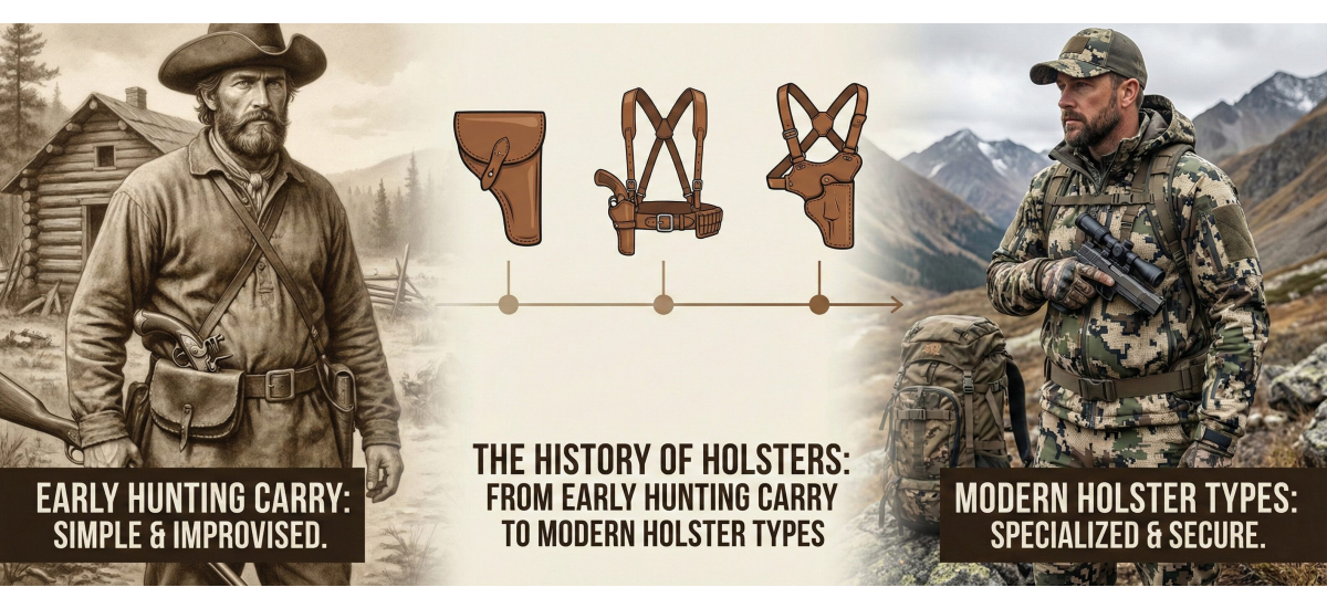 Ilustración que muestra la evolución de las fundas de caza, con un cazador primitivo usando una funda para cinturón y un cazador moderno usando una funda para el pecho en un entorno natural al aire libre.