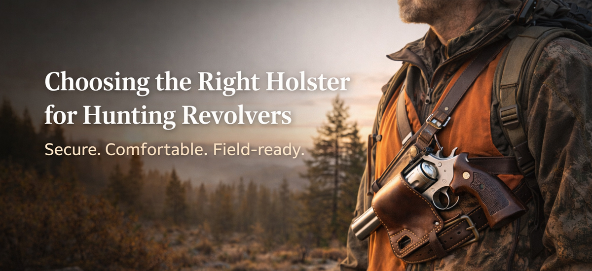 Revólver Hunter con funda de cuero y equipo para actividades al aire libre en una cresta de montaña que ilustra cómo elegir la funda adecuada para cazar revólveres