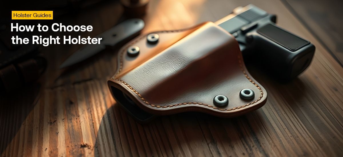 Funda de cuero expuesta sobre una superficie de madera con una iluminación limpia, utilizada como imagen de banner para una guía de selección de fundas.