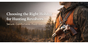 Revólver Hunter con funda de cuero y equipo para actividades al aire libre en una cresta de montaña que ilustra cómo elegir la funda adecuada para cazar revólveres