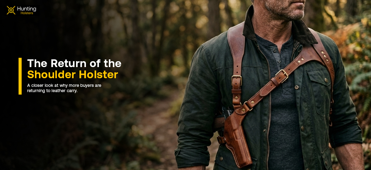 Hombre que lleva una funda de cuero marrón en un ambiente al aire libre para un blog sobre el regreso de las fundas y los bolsos de cuero.