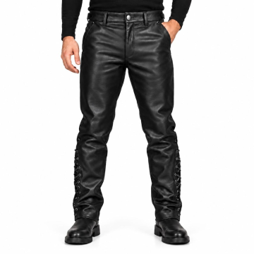 Pantalón motero de cuero negro con detalle de cordones para hombre