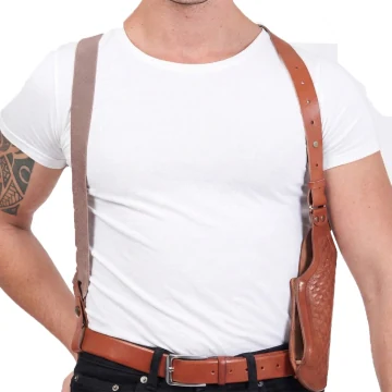 Funda de hombro de cuero marrón con estampado de cesta y portacargador
