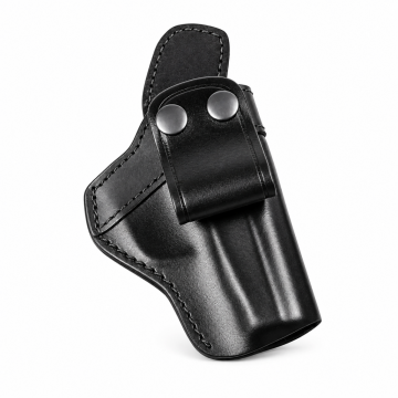 Black leather IWB holster with wide double-snap belt loop and contoured stitching