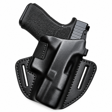 Black leather Glock 43X MOS OWB holster with molded body, stitched belt slots and elastic detail