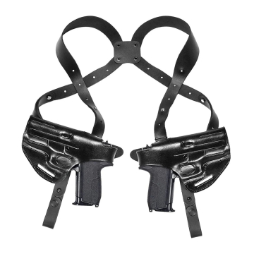 Funda de hombro horizontal de cuero negro con portacargador doble y cierre de pulgar, convertible a OWB