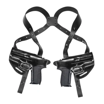 Funda de hombro horizontal de cuero negro con portacargador doble y cierre de pulgar, convertible a OWB