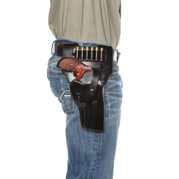 Funda de cinturón de cuero negro para revólver con trabillas para cartuchos