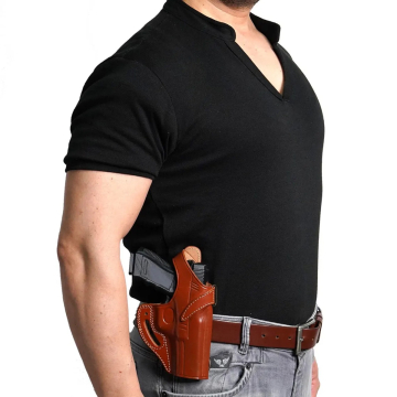 Funda de hombro y cinturón de cuero marrón con portacargador doble