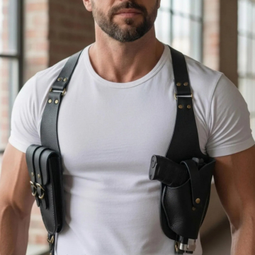 Funda de hombro de cuero negro con portacargador doble