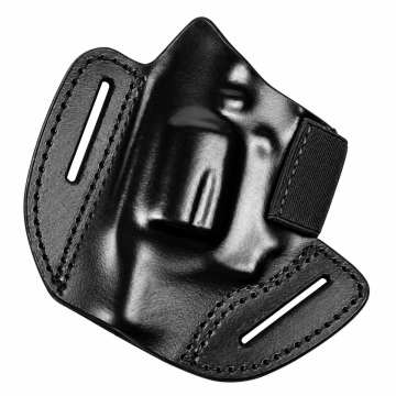 Black leather revolver holster worn on a belt with a compact revolver and elastic retention band