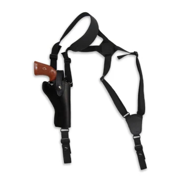 Funda de hombro vertical de cuero negro para revólveres con arnés de cinta