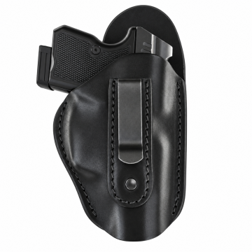 Black leather ZVI Kevin IWB holster showing metal belt clip, stitched leather panel and extended backing