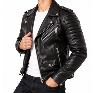 Chaqueta motera clásica de cuero negro para hombre