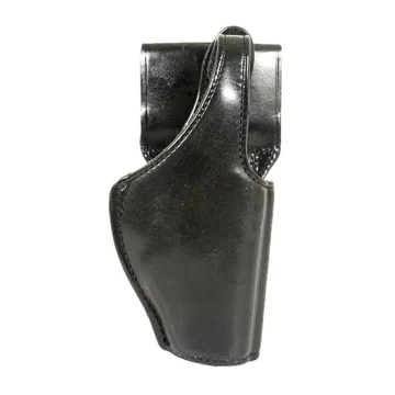 Funda de cinturón de cuero negro con retención mediante cierre de pulgar