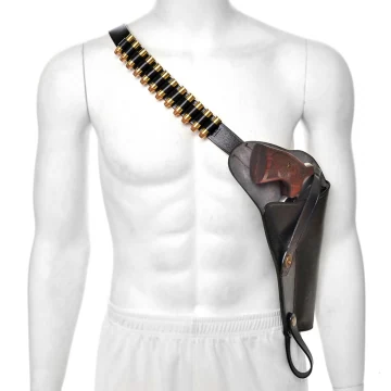 Funda de hombro de cuero negro para revólver con trabillas para cartuchos