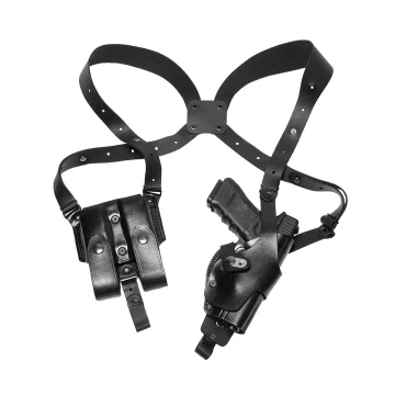 Funda de hombro vertical Roto de cuero negro con portacargador doble y cierre de pulgar de acero