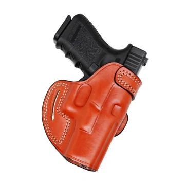 Funda de cinturón de cuero marrón con boca abierta