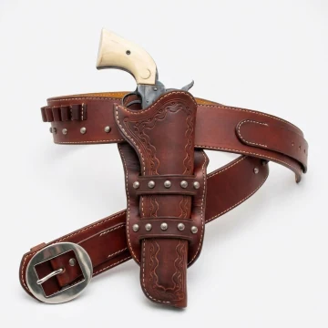 Cinturón Western de cuero marrón con funda para revólver y trabillas para cartuchos