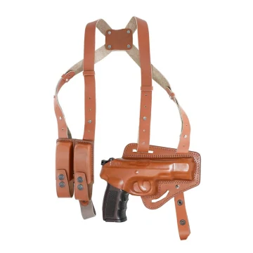 Funda de hombro horizontal de cuero marrón con portacargador doble