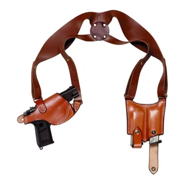 Funda de hombro horizontal de cuero marrón con portacargador doble