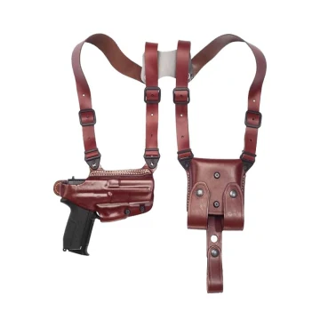 Funda de hombro horizontal de cuero marrón con portacargador doble