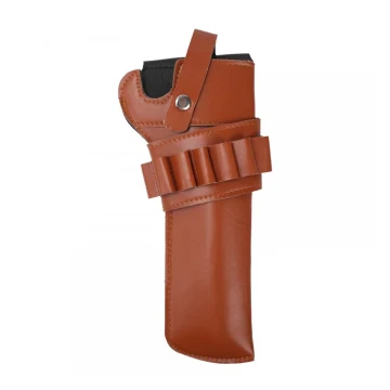 Funda de cuero marrón para revólver con trabillas para cartuchos
