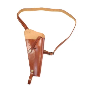Funda de hombro de cuero marrón con trabillas para cartuchos