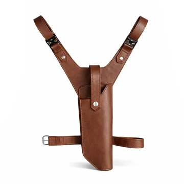 Funda artesanal de pernera de cuero marrón con arnés