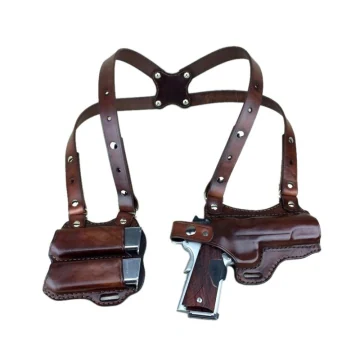 Funda de hombro horizontal artesanal de cuero marrón con portacargador doble