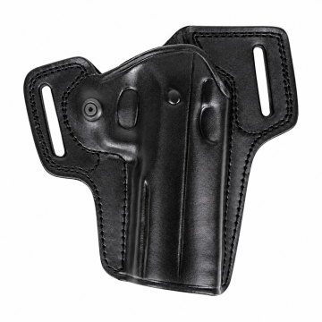 Rear view of black leather CZ Shadow 2 Compact OWB holster with two belt slots