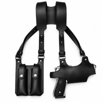 Brown leather tactical-style shoulder holster harness with dual accessory pouches, adjustable shoulder straps and brass-tone hardware