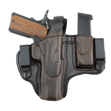 Funda de cuero marrón oscuro de porte dual con portacargador