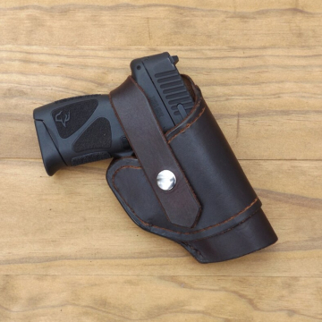 Funda de cuero marrón oscuro con cierre de pulgar