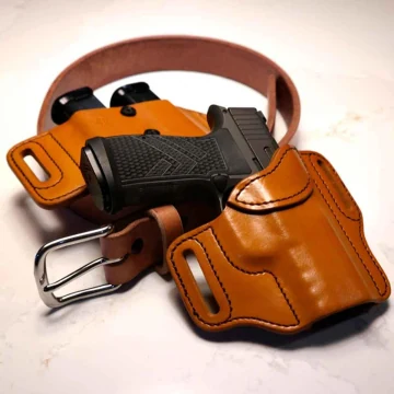 Kit EDC de funda exterior OWB de cuero color habana con cinturón portaarmas
