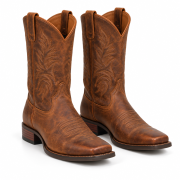 Distressed brown square toe cowboy boots with decorative Western stitching on a white background.