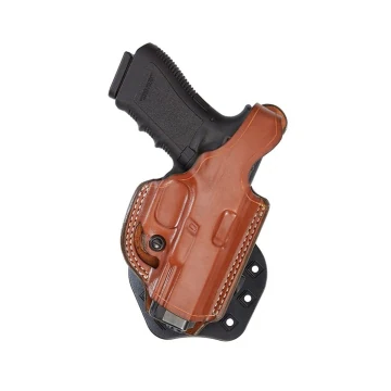Funda de pala de cuero marrón de lateral plano con cierre de pulgar