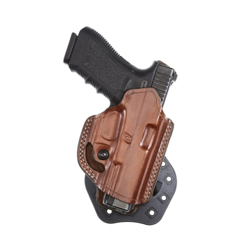 Funda de pala de cuero marrón de lateral plano y boca abierta