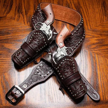 Cinturón portaarmas western artesanal de cuero con dos fundas exteriores OWB de boca abierta