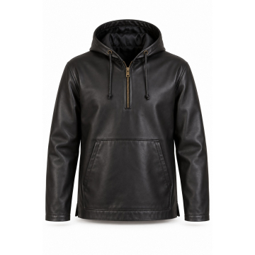 Anorak de piel a medida con capucha - Frontal completo, capucha y bolsillo canguro
