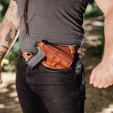 Funda exterior OWB de porte cruzado de cuero marrón