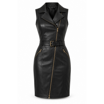 Vestido de piel estilo motero con cinturón - Frontal completo, cremallera diagonal y cinturón