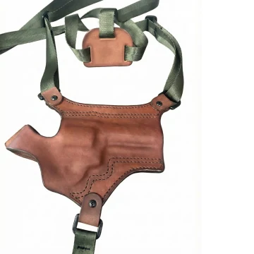 Funda de pecho de cuero marrón para revólver con retención por cierre de pulgar