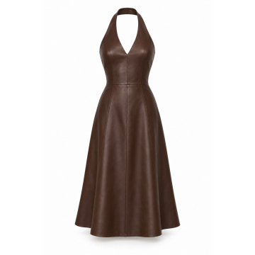 Vestido midi de piel con cuello halter a medida - Frontal completo, escote en V y falda midi acampanada