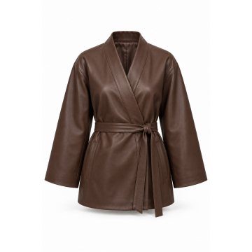 Chaqueta kimono de piel a medida - Frontal cruzado completo y cinturón anudado