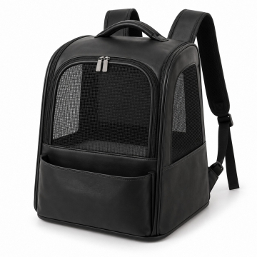 Mochila transportín de piel a medida - Puerta de malla y bolsillo inferior abierto