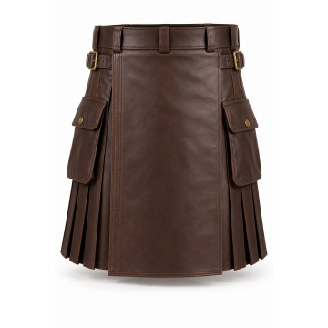 Kilt utilitario de piel a medida con bolsillos cargo - Frontal completo y dos bolsillos cargo