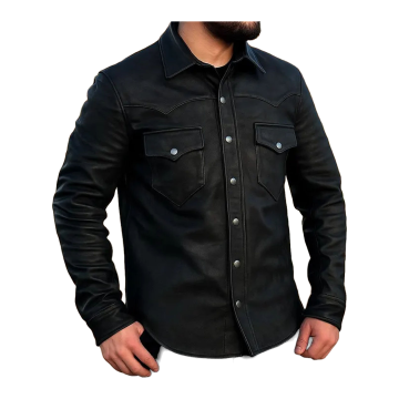 Camisa de motorista de cuero vacuno negro para hombre