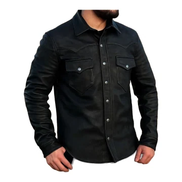 Camisa de motorista de cuero vacuno negro para hombre