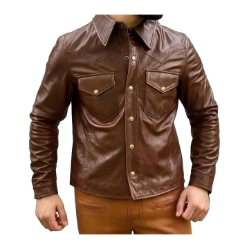 Camisa de motorista de piel de cordero color chocolate para hombre